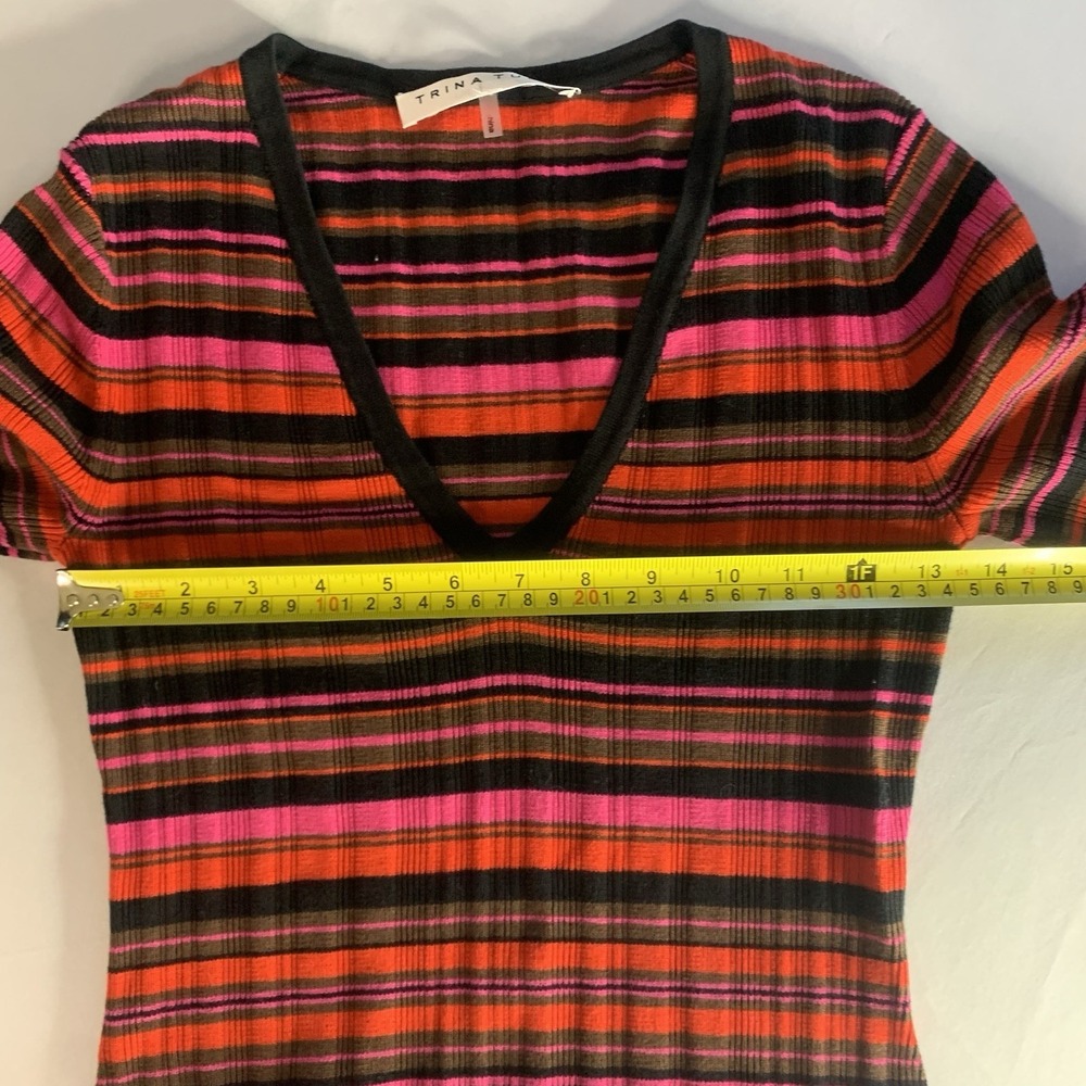 Trina Turk Striped Knit Sweater Dress V-Neck Short Sleeve Multicolor Sheath - Picture 8 of 12